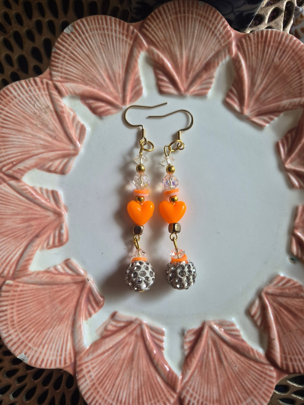 Gold-Tone Earrings with Orange Heart Beads and Silver Crystal Drops